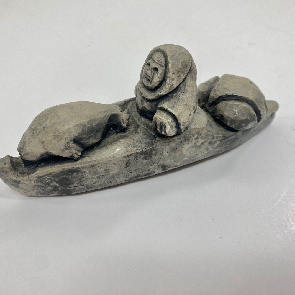 Alaskan Hand Carved Soapstone Inuit Kayak Seal Hunter & Small Wood Sculpture